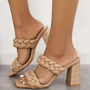 New Square toe braided mules, open toe chunky high heels 9 tan